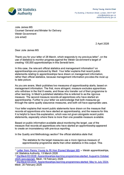 Page one of Penny Young's letter to Julie James MS about Welsh apprenticeships. The full letter is available in HTML through the link in the post.