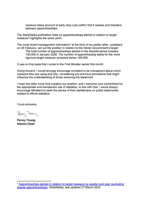 Page two of Penny Young's letter to Julie James MS about Welsh apprenticeships. The full letter is available in HTML through the link in the post.