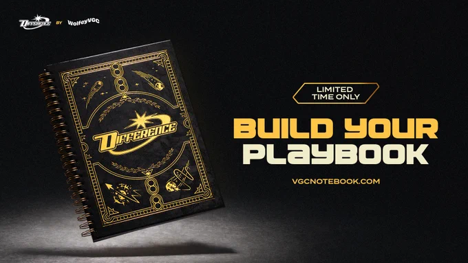 A photo showcasing the Difference Notebook. Text reads: Limited time only. Build your playbook. VGCNotebook.com. 