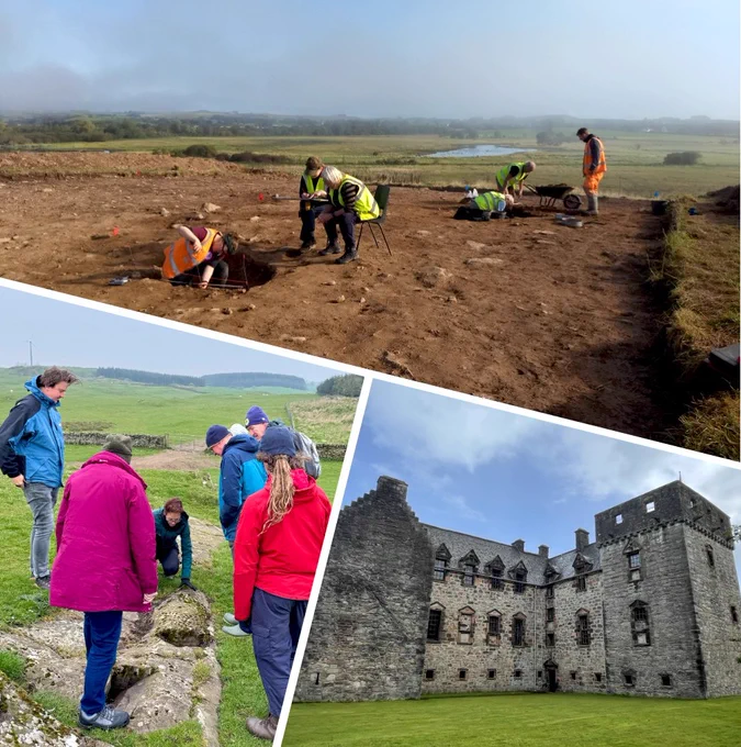 Top: Excavating and recording the terminals of an Iron Age enclosure on Little Wood Hill, Dumfries and Galloway © Rathmell Archaeology Limited; bottom left: Participants of the 2025 Kirkcudbright Rock Art workshop at High Banks © ScARF; bottom right: Newark Castle, Inverclyde © ScARF
