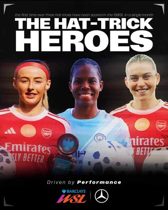 A promotional graphic celebrating a massive goalscoring milestone. At the top, small white italicised text reads "the first time ever three hat-tricks have been scored in the BWSL in a single month", positioned directly above the massive white title "THE HAT-TRICK HEROES". In the centre of the image, Manchester City's Khadija Shaw smiles brightly in her light blue home kit, holding a black and white match ball and a blue Barclays award. She is flanked by two smiling Arsenal players in their red and white home kits, both also holding match balls to signify their hat-tricks. The Arsenal player on the left wears a red headband, while the player on the right has her blonde hair tied back. The background is a dark, moody gradient. At the bottom, white italicised text reads "Driven by Performance" alongside the colourful Barclays WSL logo and the Mercedes-Benz star logo. Four small grey brackets frame the corners of the image.
