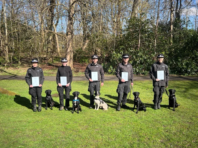 5 police dogs and handlers standing on grass facing the camera.  All dogs are sitting next to the handlers and the handlers are holding certificates.
