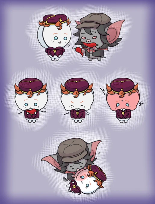 The Doorman and Drifter from Deadlock drawn in Chiikawa style. A short comic consisting of:
Scene 1: Drifter offering Doorman a chili pepper
Scene 2: Doorman curiously sniffing the pepper, then shoving the entire thing in his mouth all at once and turning red from how surprisingly spicy it is.
Scene 3: Doorman lying on Drifter's lap. The vampire is holding his face and leaning down to suck the red spice out from Doorman's face.