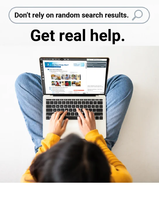 Student sitting cross-legged using a laptop with an online tutoring session open, with text above that reads Don’t rely on random search results. Get real help.