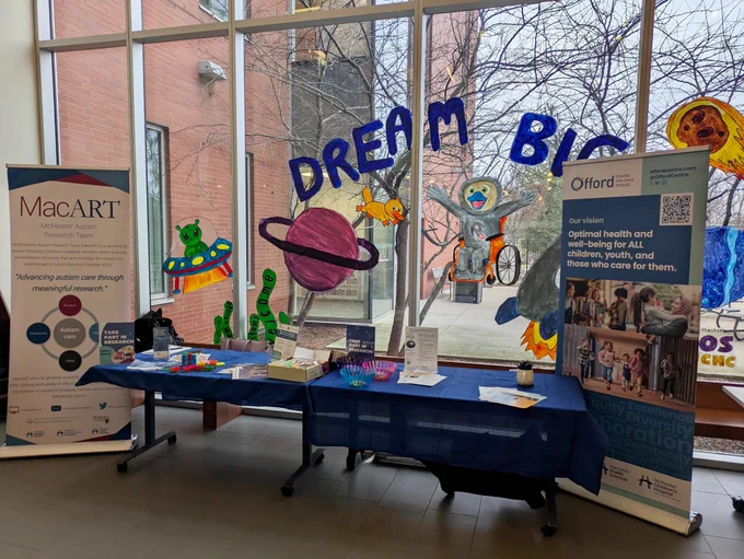 Two tables are set up with a variety of brochures, pamphlets, and information sheets about MacART, the Pediatric Autism Research Cohort Study (PARC), and the Offord Centre for Child Studies. There are also activity items on the table, including sticker sheets, play dough, and a box of fidget toys, as well as candies.

