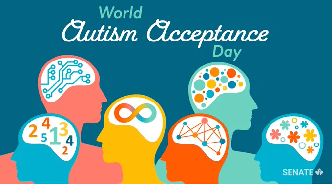 The text “Canadian Autism Acceptance Month” with human silhouettes showing different brain activity.  