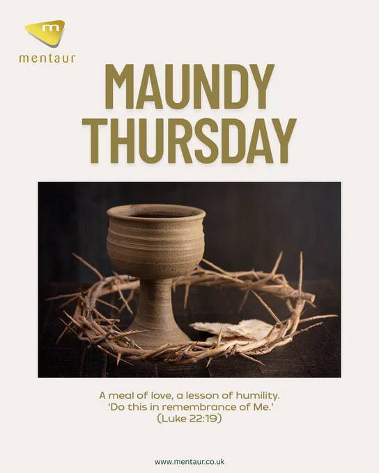 A Maundy Thursday themed design featuring religious symbols including a chalice, bread, a crown of thorns, and an illustration of Jesus with outstretched arms. The image represents themes of humility, sacrifice, and remembrance, with a reference to Luke 22:19.