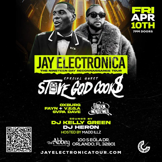 Clockwork Music presents Jay Electronica live at Lincoln's Beard Brewery in Orlando, Florida, on Friday, April 10, 2026. Part of The Nineteen Day Reconnaissance Tour, this concert features performances by Jay Electronica, Stove God Cooks, Neelam, Fayn and V.E.G.A, and Landon Wordswell. DJ support provided by Kitty Ca$h, DJ Kelly Green, and DJ Heron. The Abbey - 100 S. Eola Dr. Orlando, FL 32801 Doors open at 8:00 PM. This is a rare North American live appearance by the acclaimed lyricist. Tickets range from general admission to VIP packages.