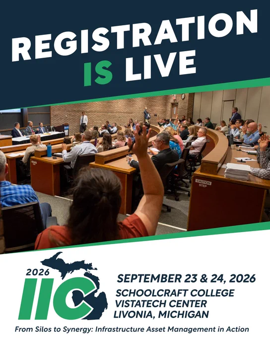 A photo of a conference symposium with people with hands raised. Registration is live. 2026 IIC. From Silos to Synergy: Infrastructure Asset Management in Action. September 23 & 24, 2026.