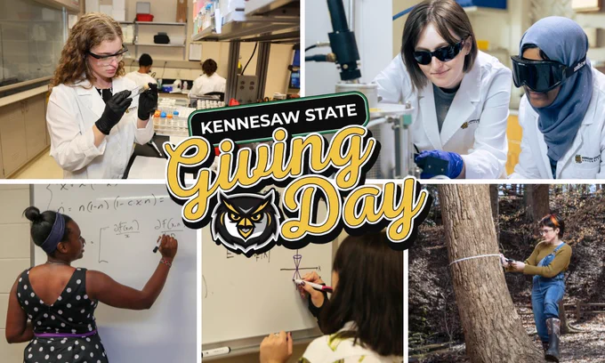 A collage of five images of science and mathematics students and faculty conducting research at Kennesaw State University with the Giving Day logo in the middle.
