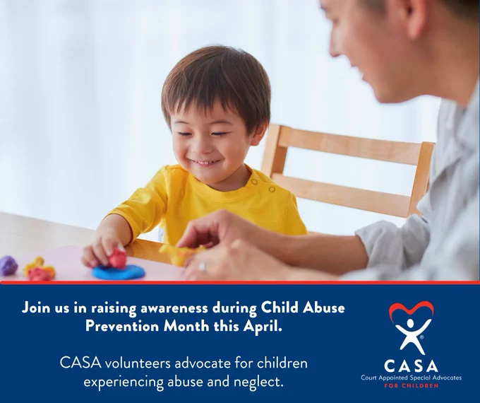 Image of a smiling child and adult playing with multi-colored Play Doh at a table.  The logo for Court Appointed Special Advocates for children is included.