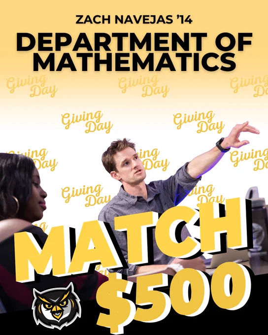 2026 Giving Day graphic for College of Science and Mathematics math alum Zach Navejas for $500. 