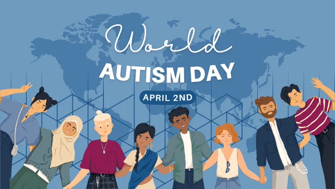 "World Autism Day - April 2nd" is overlaid on top of a blue world map. Along the bottom of the graphic, there are people with their hands on each other's backs or holding hands.