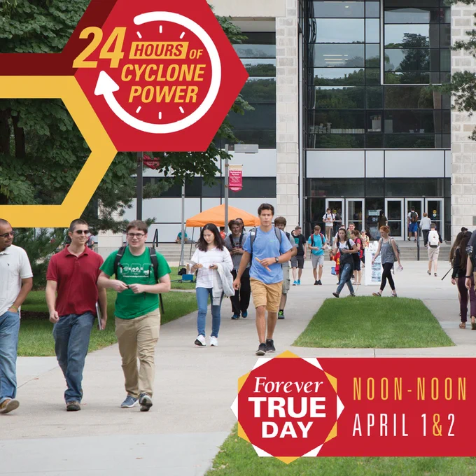 Forever True Day logo and dates April 1 and 2 and students walking in front of Parks Library during a sunny day.