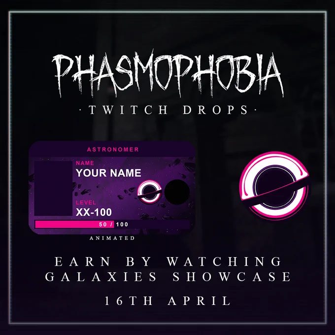 Promotional asset showing the Astronomer IDD Card and Badge set that'll be offered as a Twitch Drop through Galaxies Showcase taking place 16th April.