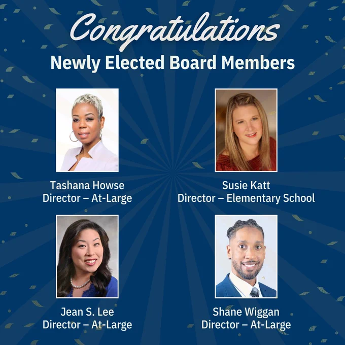 Blue background with confetti announcing newly elected board members including Tashana Howse, Susie Katt, Jean S. Lee, and Shane Wiggan with their titles.