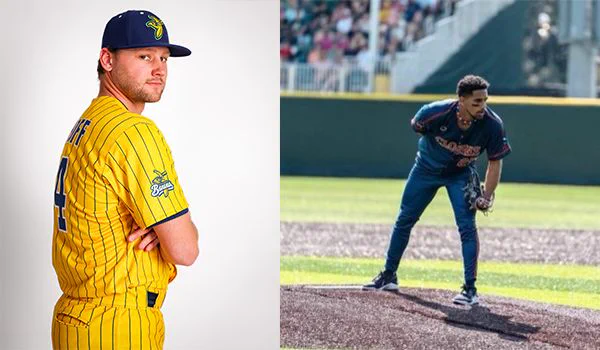 Allen Saathoff portrait and Dayan Reinoso on the mound