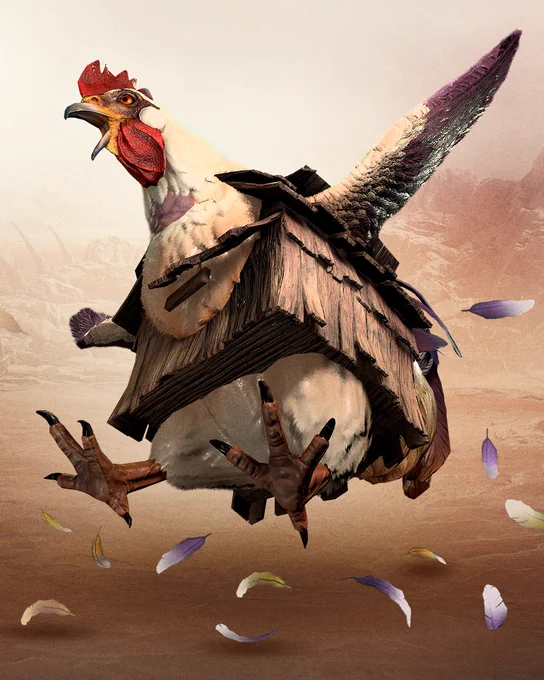 A large chicken wearing a wooden house has it's wings outstretched on a tan sandy scene. The creature seems to be jumping with feathers cascading around it. It's mouth is open as if bawking in a threatening manner. What is this mighty feathery creature? The world boss, Chi'Khan.