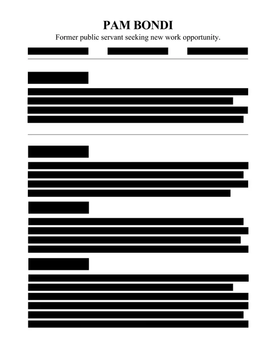 A resume mock-up reading "PAM BONDI, Former public servant seeking new work opportunity." with the rest of the document redacted by black bars.