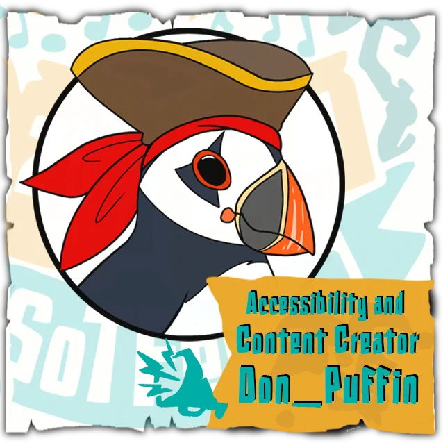 The logo of Don Puffin. It shows a Puffin with a brown pirate hat from a profile view. The text reads "Accessibility and Content Creator Don_Puffin"