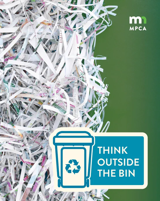 Paper shreds with an icon of a recycling bin and text reading "think outside the bin."
