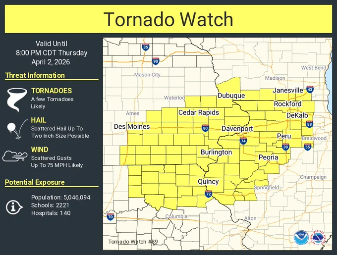This graphic displays Tornado Watch watch number 89 plotted on a map. The watch is in effect until 8:00 PM CDT. The watch includes parts of Illinois, Iowa, Missouri and Wisconsin. The threats associated with this watch are a few tornadoes likely, scattered hail up to two inch size possible and scattered gusts up to 75 mph likely. There are 5,046,094 people in the watch along with 2221 schools and 140 hospitals.