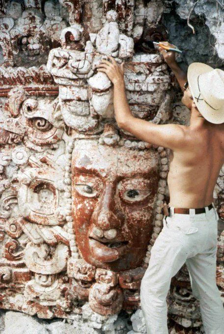 Maya temple façade at Placeres, Mexico, being looted.