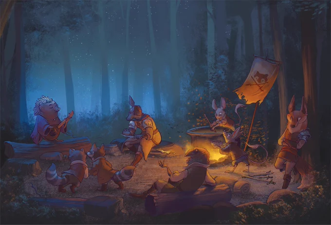 A group of Humblewood bandits enjoy a fire together. Art by Annelise Mak.