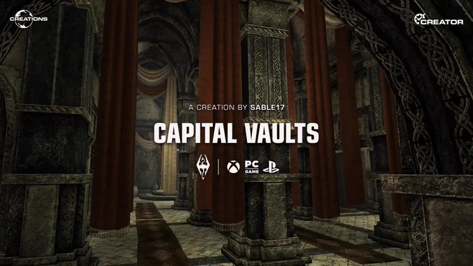 "Featured Creation by Sable 17 - Capital Vaults, available for Skyrim on Xbox, PC, and PlayStation." Luxurious crimson drapes line a maze like stone carved hallway. 