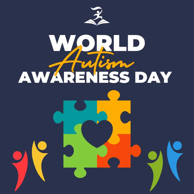 Colorful puzzle pieces forming a heart shape surrounded by joyful human figures, symbolizing World Autism Awareness Day.