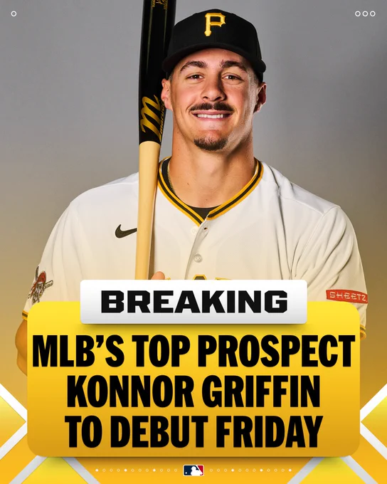 BREAKING
MLB's Top Prospect Konnor Griffin to debut Friday
Pictured: Konnor Griffin poses with a bat over his shoulder. He wears a white Pirates jersey and black cap.