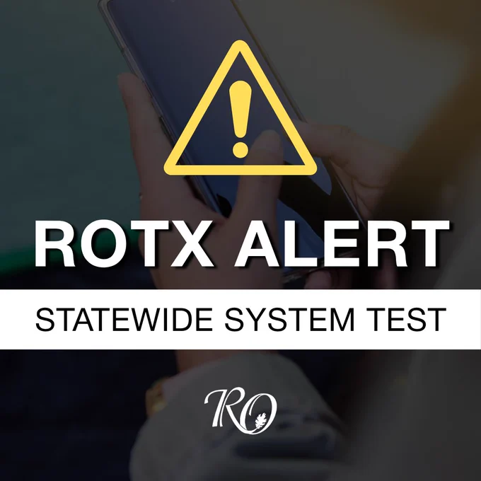ROTX Alert statewide system test message from the City of Red Oak.