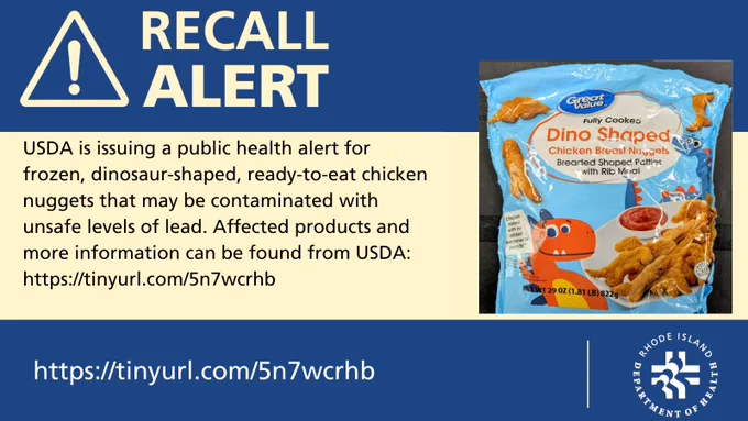 Image of Food Recall Alert showing frozen, dinosaur-shaped chicken nuggets that may be contaminated with lead.