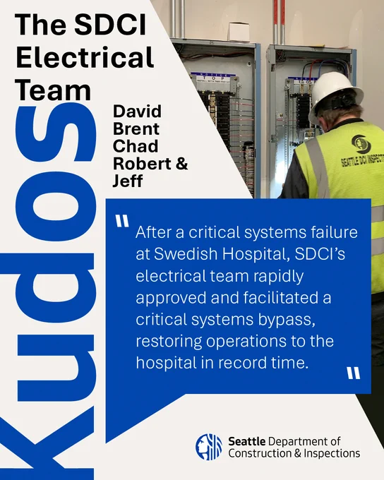 The image shows a person working on an electrical panel wearing a vest with the Seattle Department of Construction & Inspections logo. Text on the image reads, "The SDCI Electrical Team," listing names: David, Brent, Chad, Robert, and Jeff. A message below reads "After a critical systems failure at Swedish Hospital, SDCI's electrical team rapidly approved and facilitated a critical systems bypass, restoring operations to the hospital in record time." A large blue "Kudos" is along the left side. The Seattle Department of Construction & Inspections logo is at the bottom.