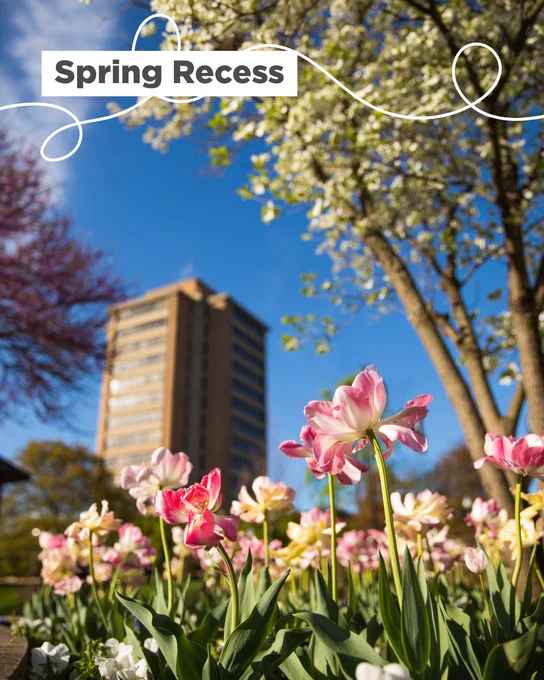 A tall building is surrounded by blooming pink and white flowers, with trees blossoming as well. The sky is clear and blue. The words "Spring Recess" are at the top left.