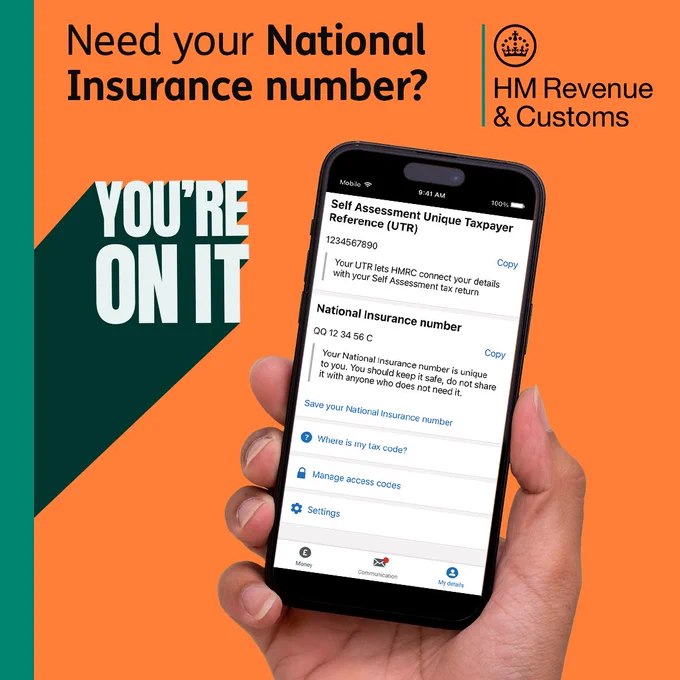 A hand hold a mobile phone aloft. The screen displays HMRC tax information.
