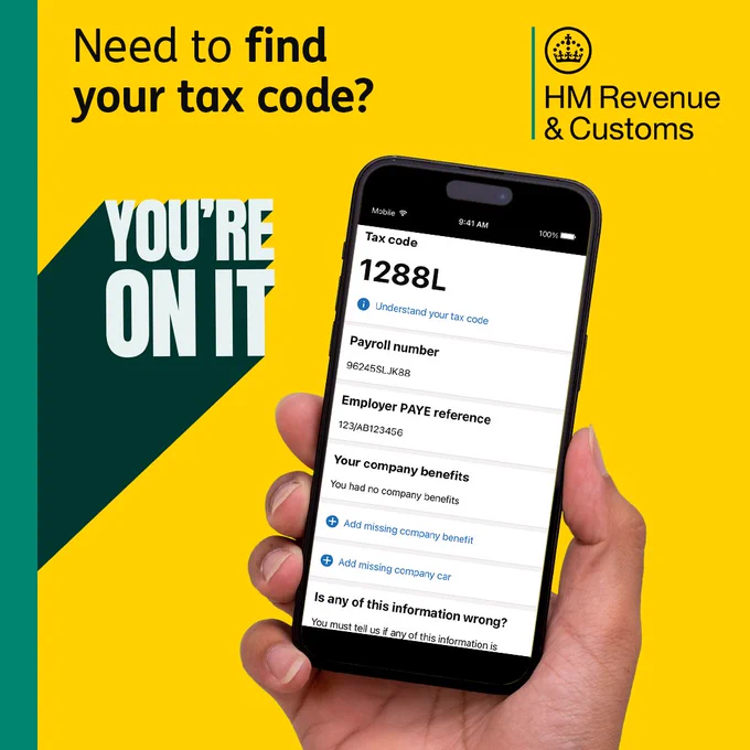 A hand holds a mobile phone aloft. The phone displays tax information provided by HMRC.