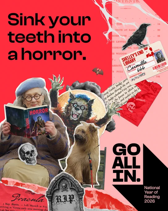 Collage of horror elements: a woman reading a horror book, a werewolf, a crow, and a tombstone. Text reads “Sink your teeth into a horror. Go all in. National Year of Reading 2026.”