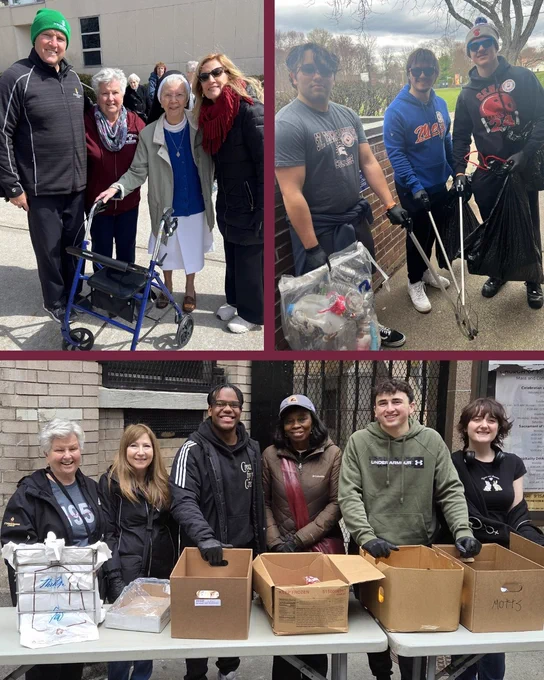 Collage of three photos during Service Day: President Daly and Laurie outside with Sr. Peggy and another Dominican Sister; three students with bag full of garbage that they picked up from surrounding area; group of 6 Spartans assisting at the Breadline in NYC
