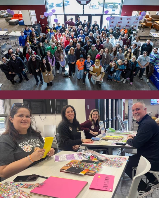 Collage of two images with students and administration at tables in Romano putting together cards and inspirational messages and group photo from upper level to lower where all AFSP Walk attendees gathered for photo
