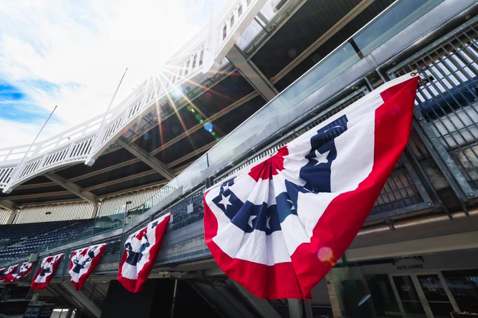 Bunting hanging at Yankee Stadium for our home opener. 