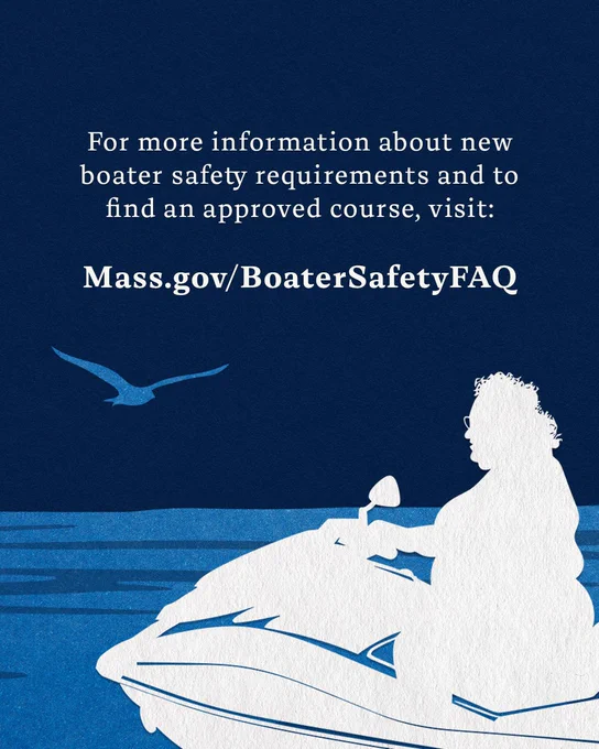 Closing graphic directing viewers to Mass.gov/BoaterSafetyFAQ for more information, with an illustration of a person riding a personal watercraft on the water.