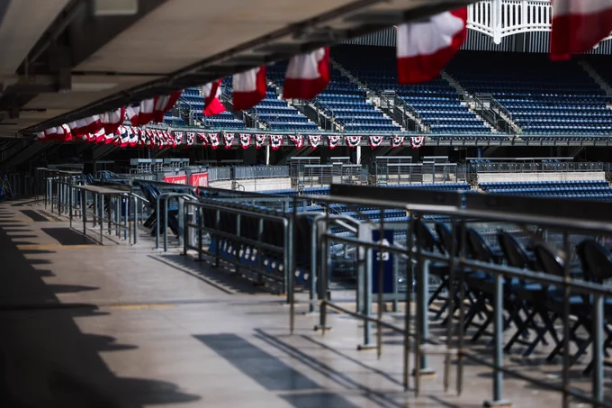 Bunting hanging at Yankee Stadium for our home opener. 