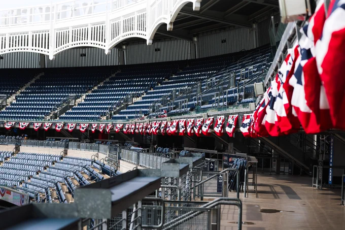 Bunting hanging at Yankee Stadium for our home opener. 