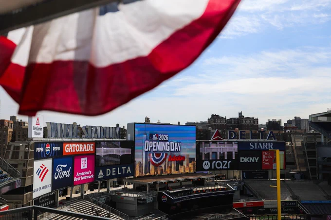 Bunting hanging at Yankee Stadium for our home opener. 