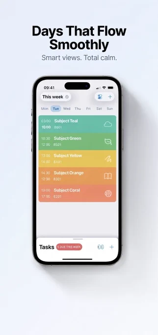 A polished iOS weekly timetable view in Elevate Planner. The UI shows a color-coded grid of academic classes like 'Computer Architecture' and 'Data Structures.'