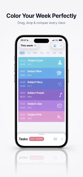 A polished iOS weekly timetable view in Elevate Planner. The UI shows a color-coded grid of academic classes like 'Computer Architecture' and 'Data Structures.'