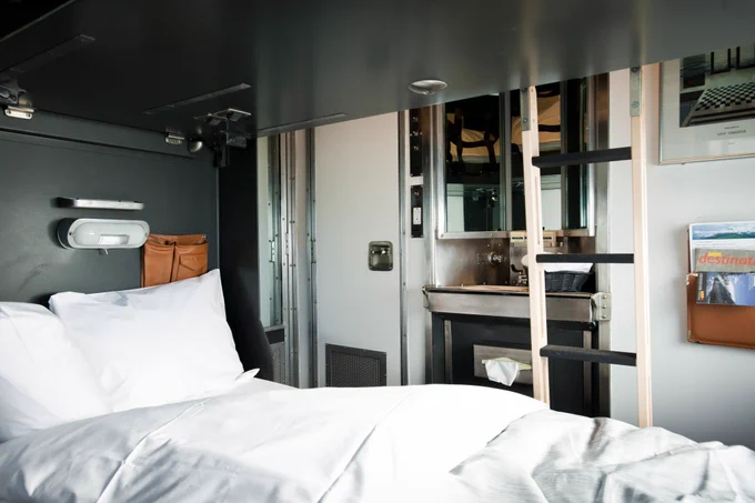 The interior of a VIA Rail sleeper car