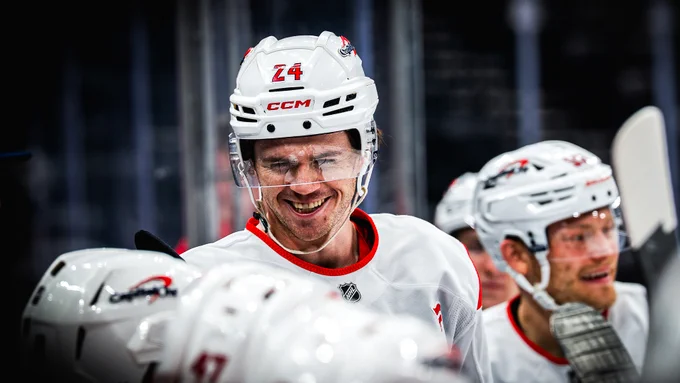 Connor McMichael smiles during today's morning skate at Prudential Center.