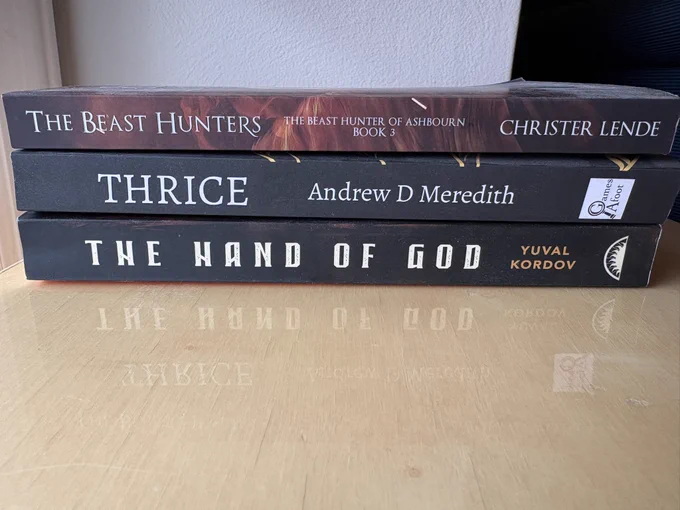 The Beast Hunters by Christer Lende; Thrice by Andrew D Meredith; The Hand of God by Yuval Kordov